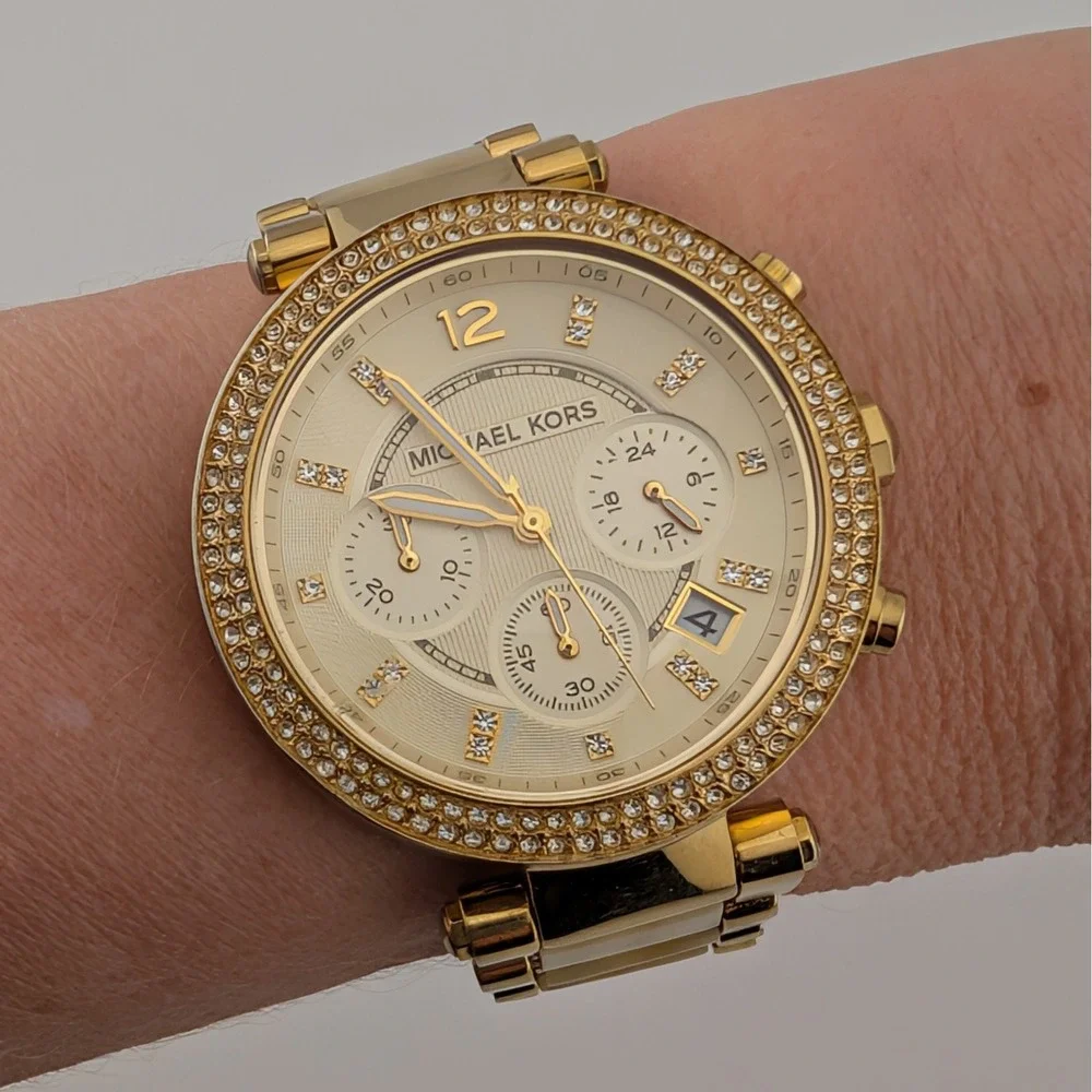 Michael Kors Parker MK5632 Gold Tone Crystal Bezel Horn Acetate Chrono Watch